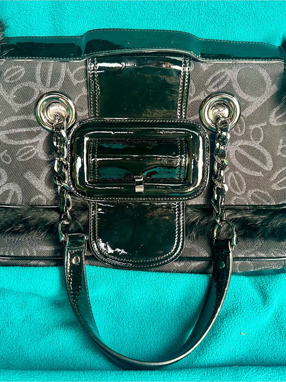 Black Patent Trim Tote Bag with Chain Handles